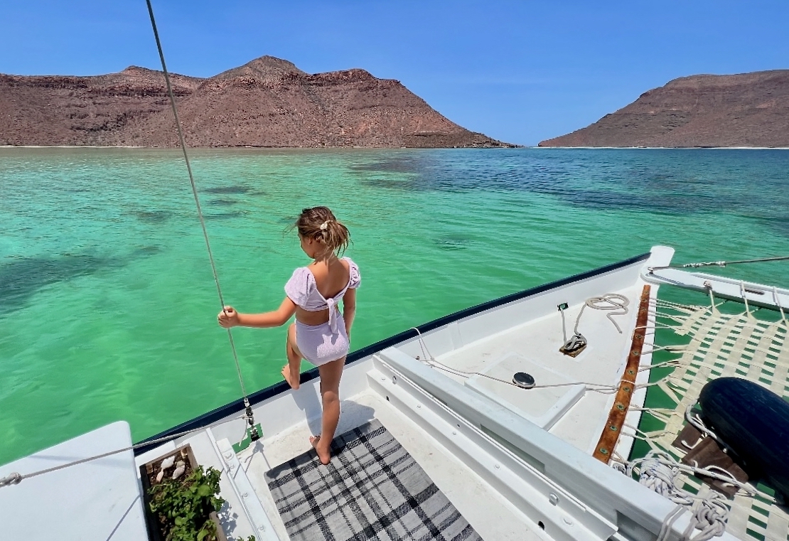 Boat life worldschooling child looking at puffer fish under water off the coast of Baja, Mexico
