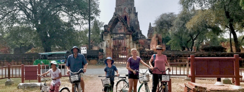 family on bikes in Ayuthaya, Thailand